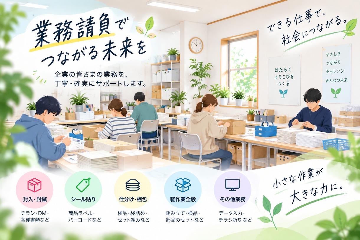 面倒な軽作業・内職業務をまとめて請け負います 封入・シール貼り・検品・梱包など企業様の作業をお手伝いします イメージ1