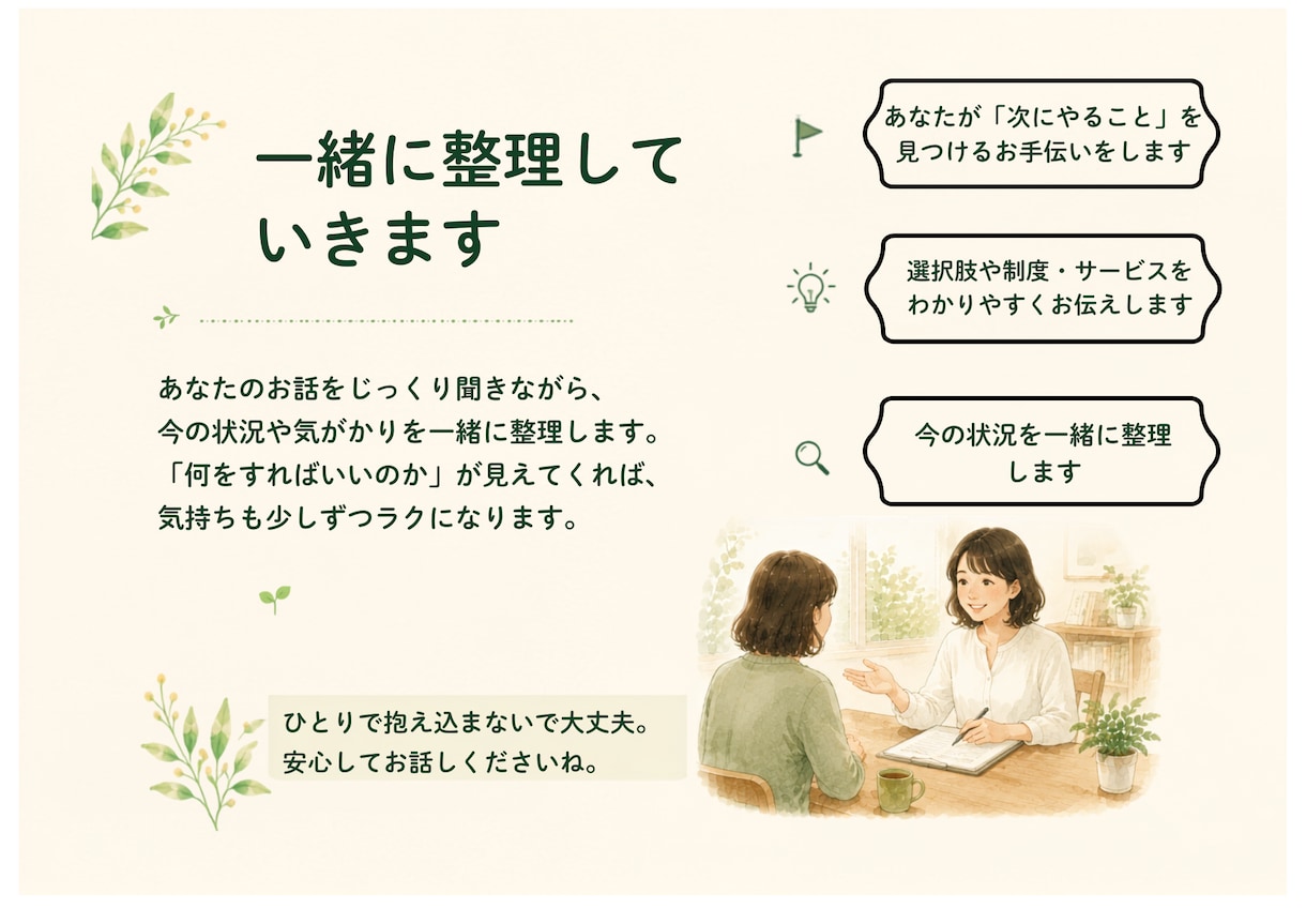 親が入院した…何から始める？介護の道案内をします 情報があれば介護は少し楽になる。その道筋を一緒に考えます。 イメージ5