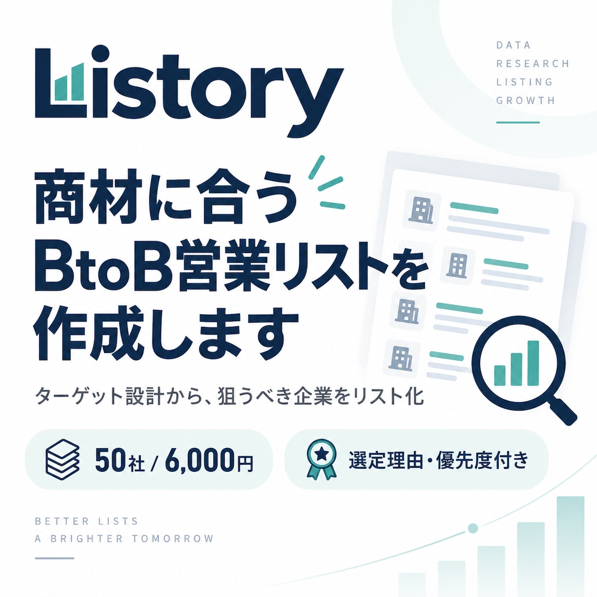 商材に合うBtoB営業先を選定してリスト化します 大量の企業一覧ではなく、“狙うべき50社”を。 イメージ1