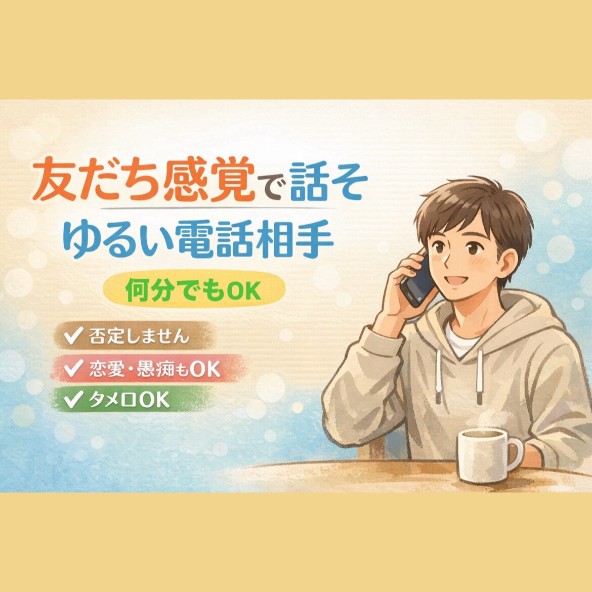 なんとなく話したい時に｜ゆるく電話相手になります ・通話OKすぐ繋がれます・初めてでも緊張しなくて大丈夫です。 イメージ1
