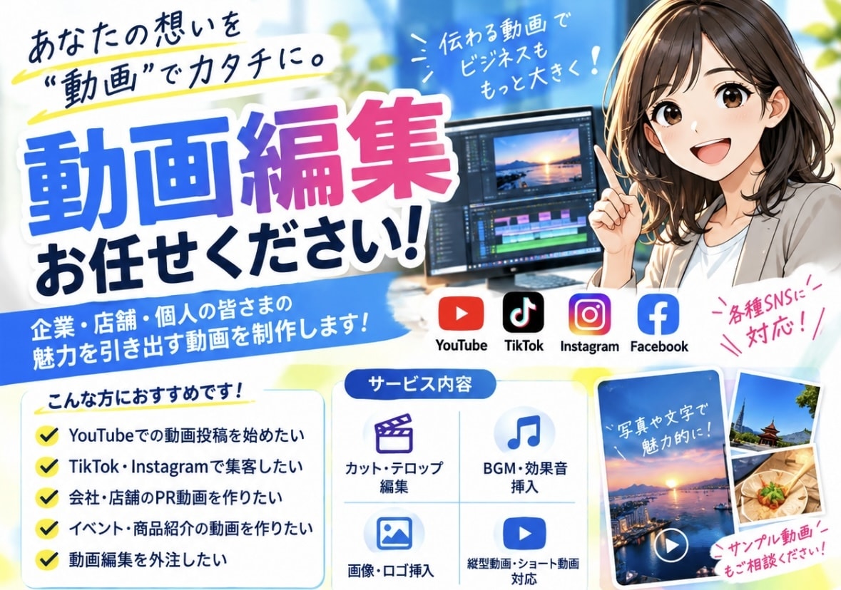 動画編集で商品のPRや貴社のサービスをPRします 動画編集で商品のPRや貴社のPRをして認知度をアップさせます イメージ1