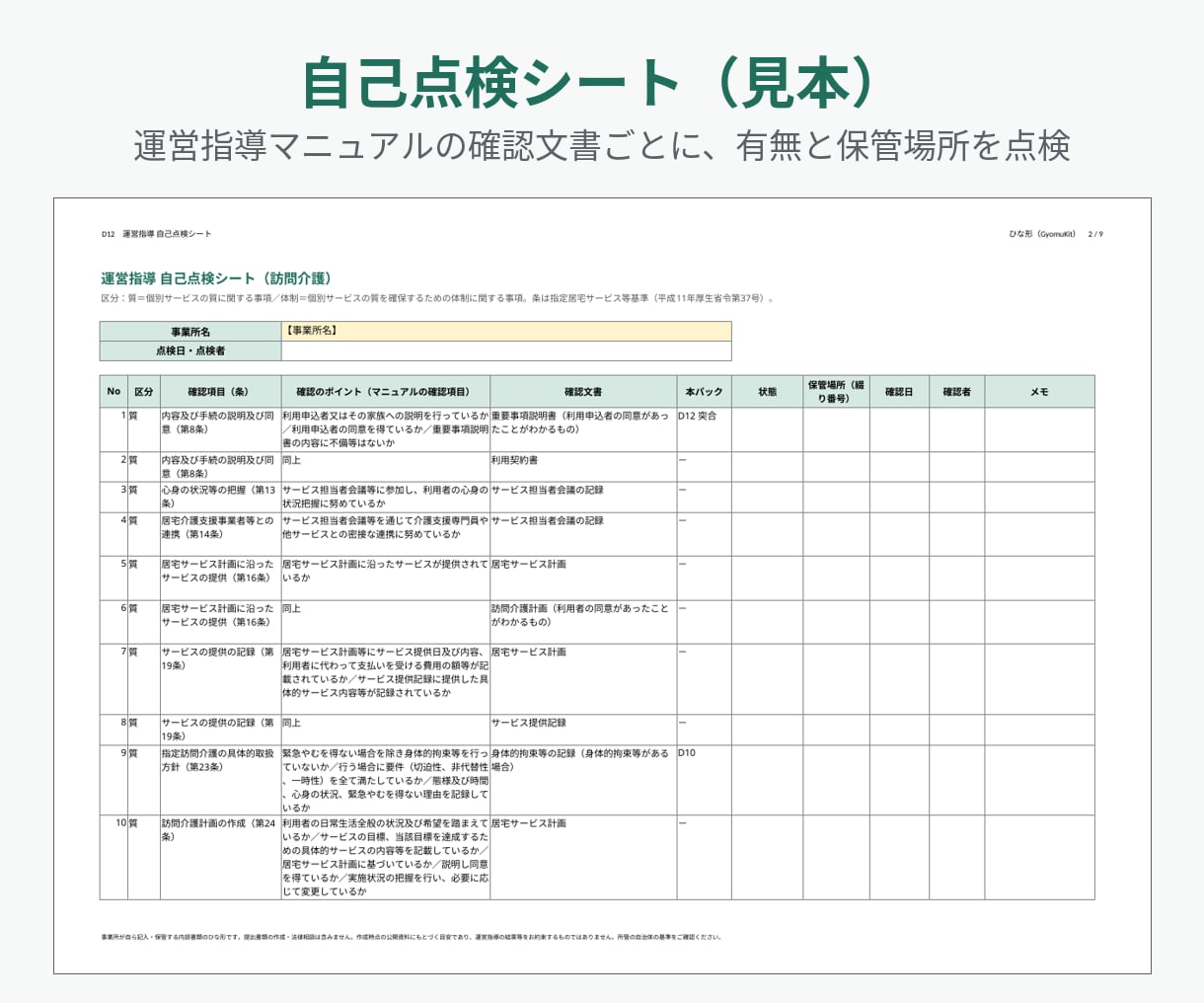 訪問介護の運営指導に備える内部書類ひな形を渡します 指針・研修計画・議事録様式・BCP・自己点検シートをまとめて イメージ3