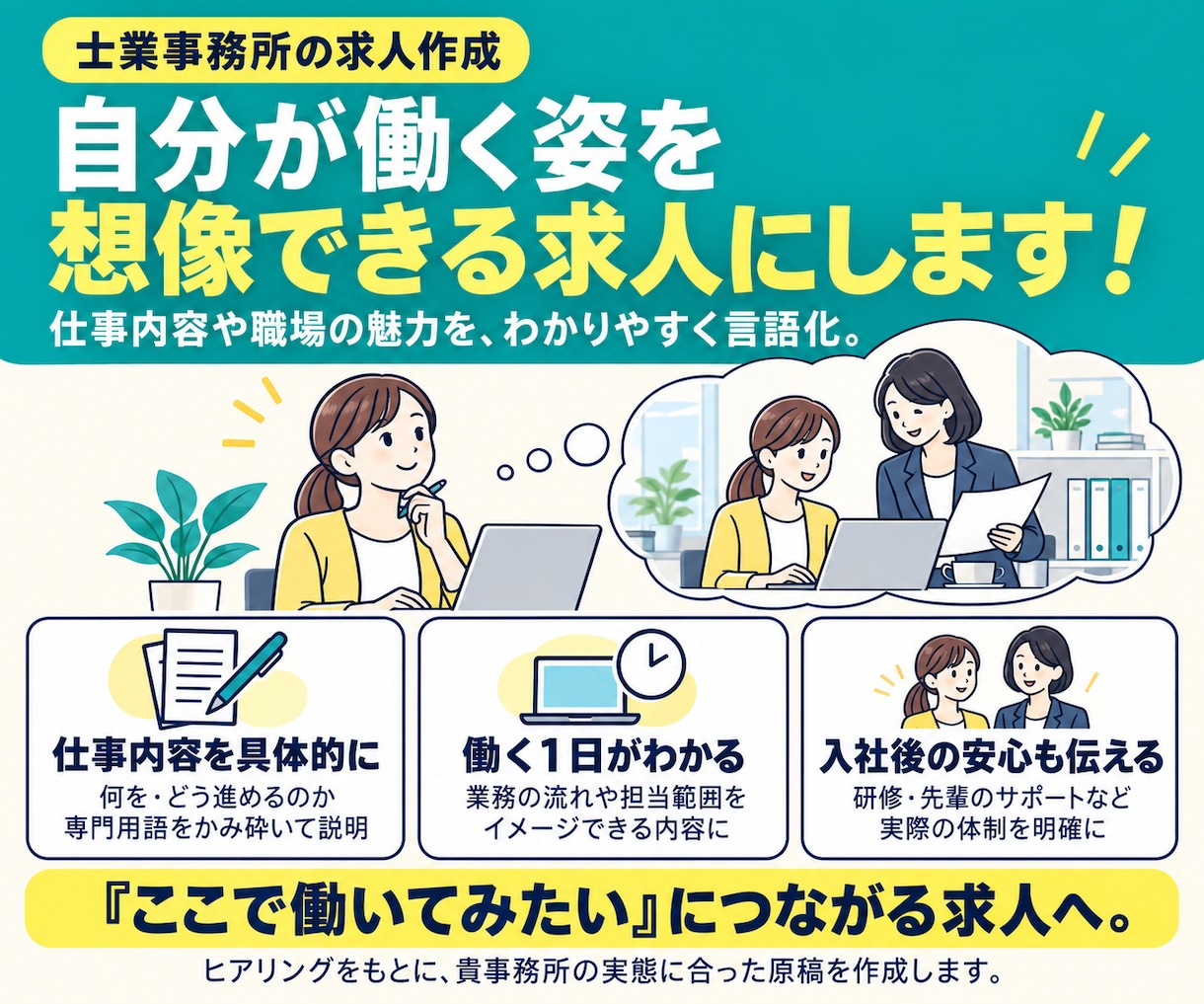 士業採用◇補助者・事務スタッフ求人を作成します 応募がくる求人になおします！各士業スタッフ採用支援実績あり！ イメージ4