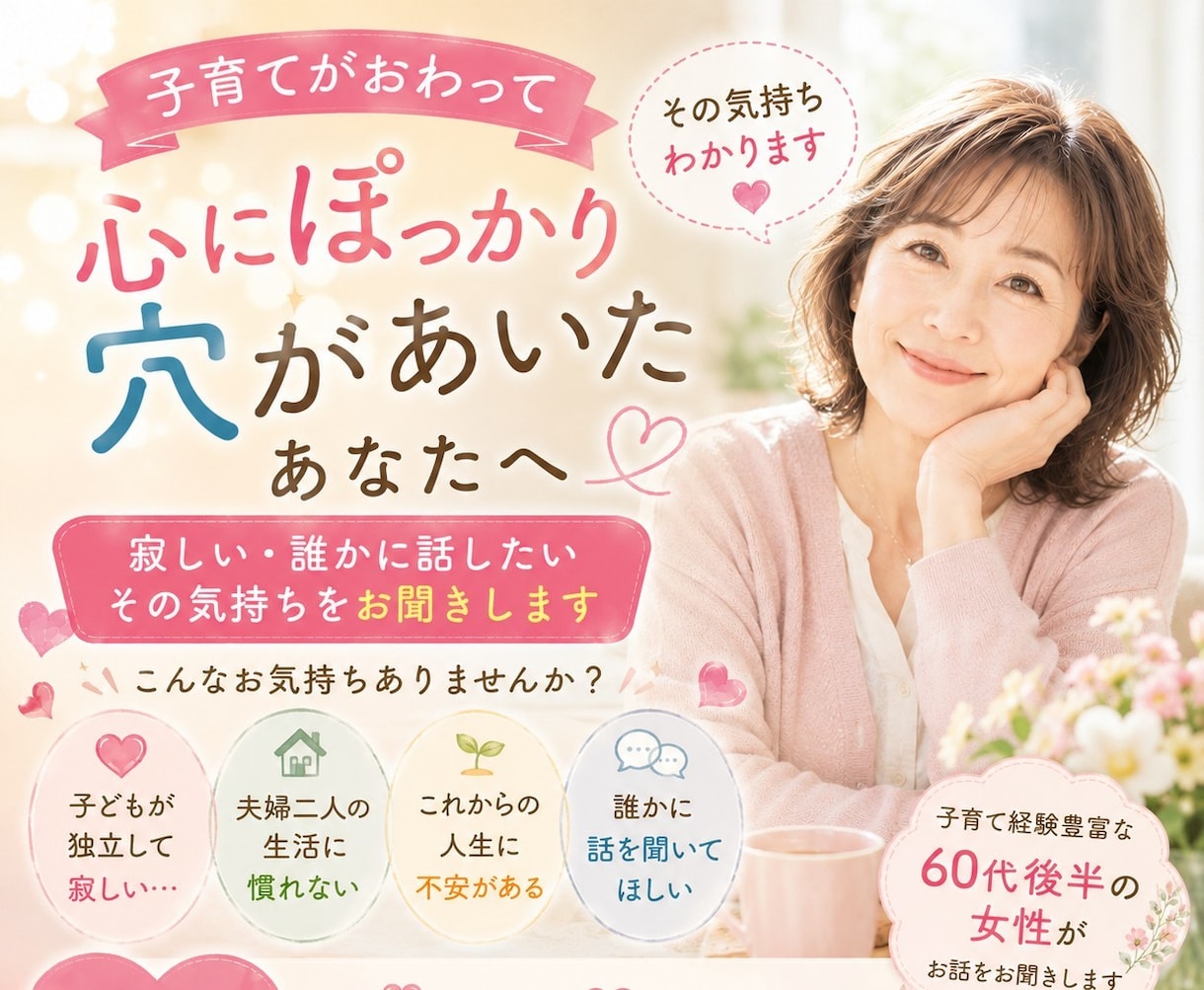 寂しい誰かに話したい、その気持ちをお聞きします 子育てを終えた方、終えようとしてる方の女性向けのサービスです イメージ4