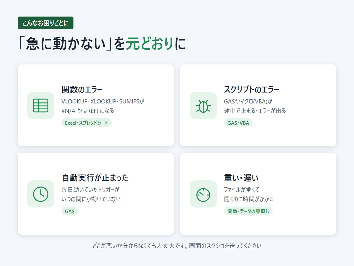 Excel・スプレッドシートのエラーを直します 関数の#N/A・GASやマクロの不具合を修正 イメージ2