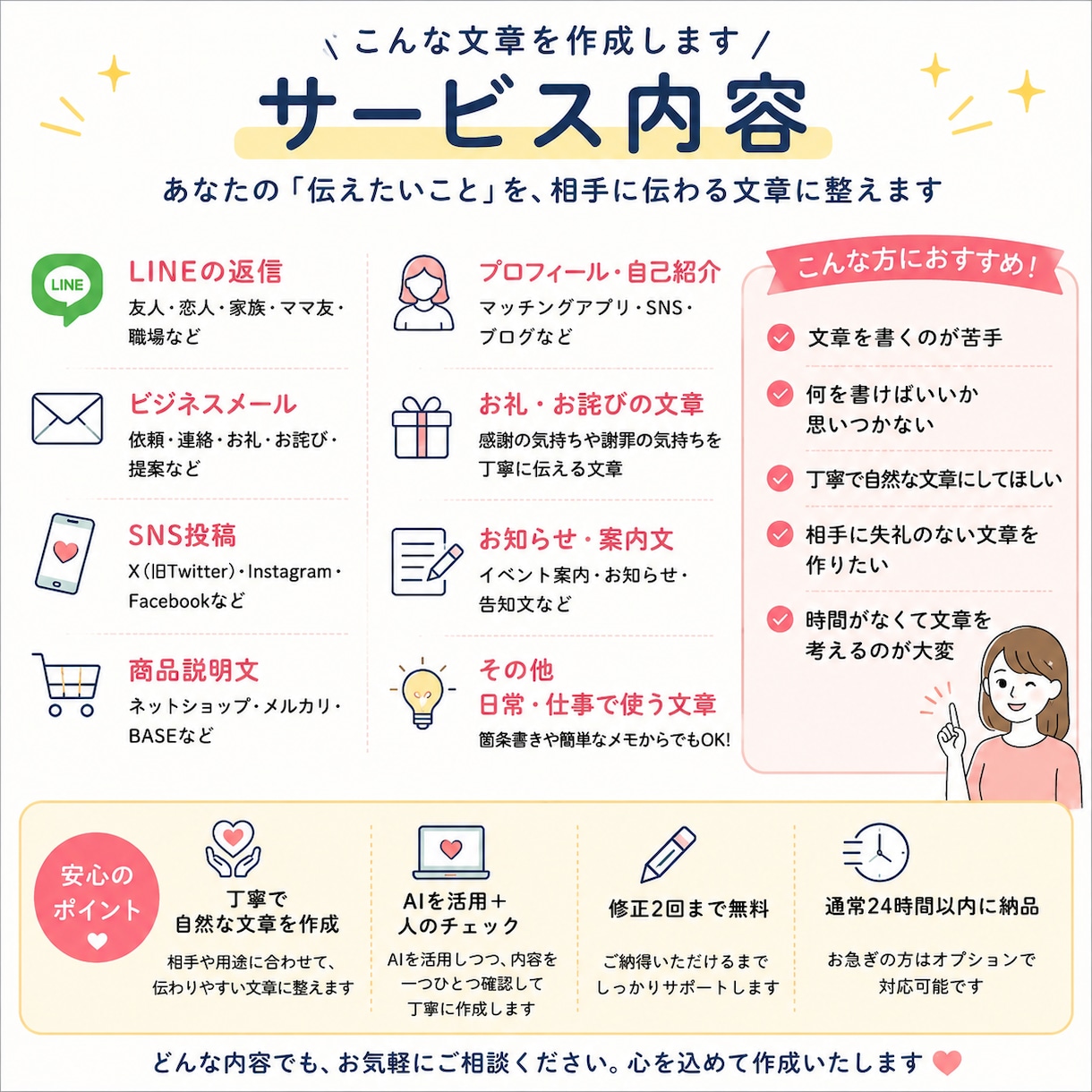 LINE・メール・SNSの文章を作成します あなたの伝えたい内容を、すぐ使える文章に整えます イメージ2