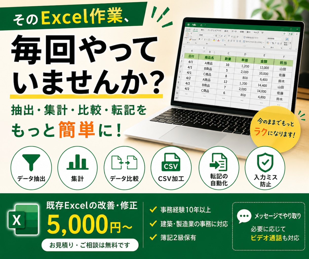 今使っているExcelを使いやすく改善します 毎日の面倒なExcel作業を、もっと簡単・使いやすく イメージ1