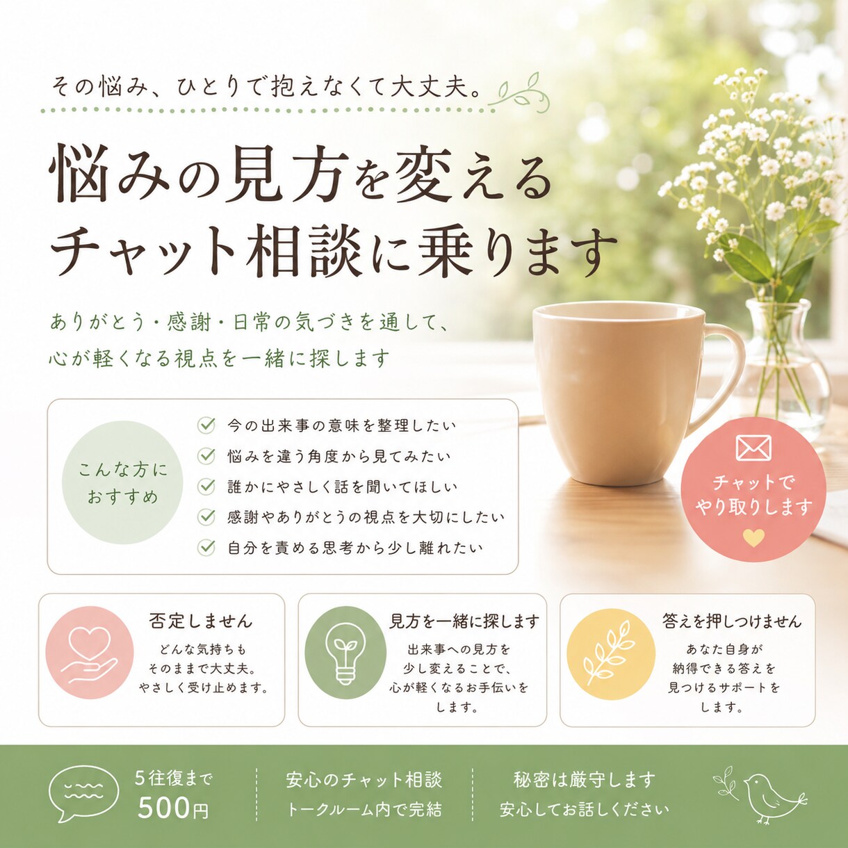 悩みの見方を変えるチャット相談に乗ります 悩み事に対して心が軽くなる視点を一緒に探します イメージ1