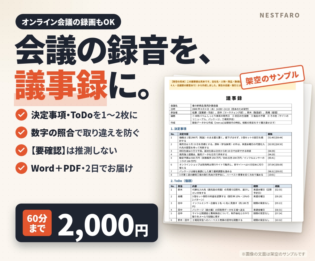会議の録音を決定事項・ToDoの議事録にします 60分2,000円｜数字は照合、不明点は【要確認】で明示 イメージ1