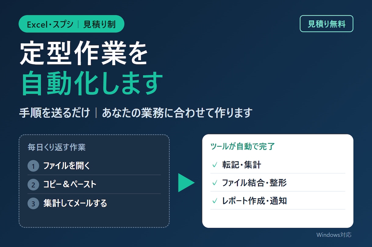 Excel・スプシの定型作業を自動化します 手順を送るだけ｜見積り無料・Windows対応 イメージ1