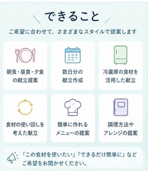 毎日の献立一緒に考えます 冷蔵庫の食材やご希望に合わせて提案 イメージ3