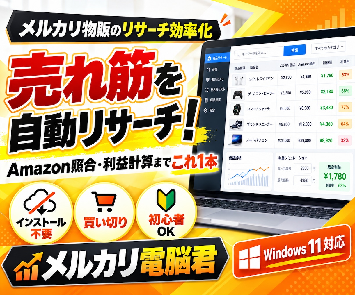 メルカリの売れ筋と利益を自動リサーチします 売れ筋発見からAmazon比較・利益計算まで1画面で イメージ1