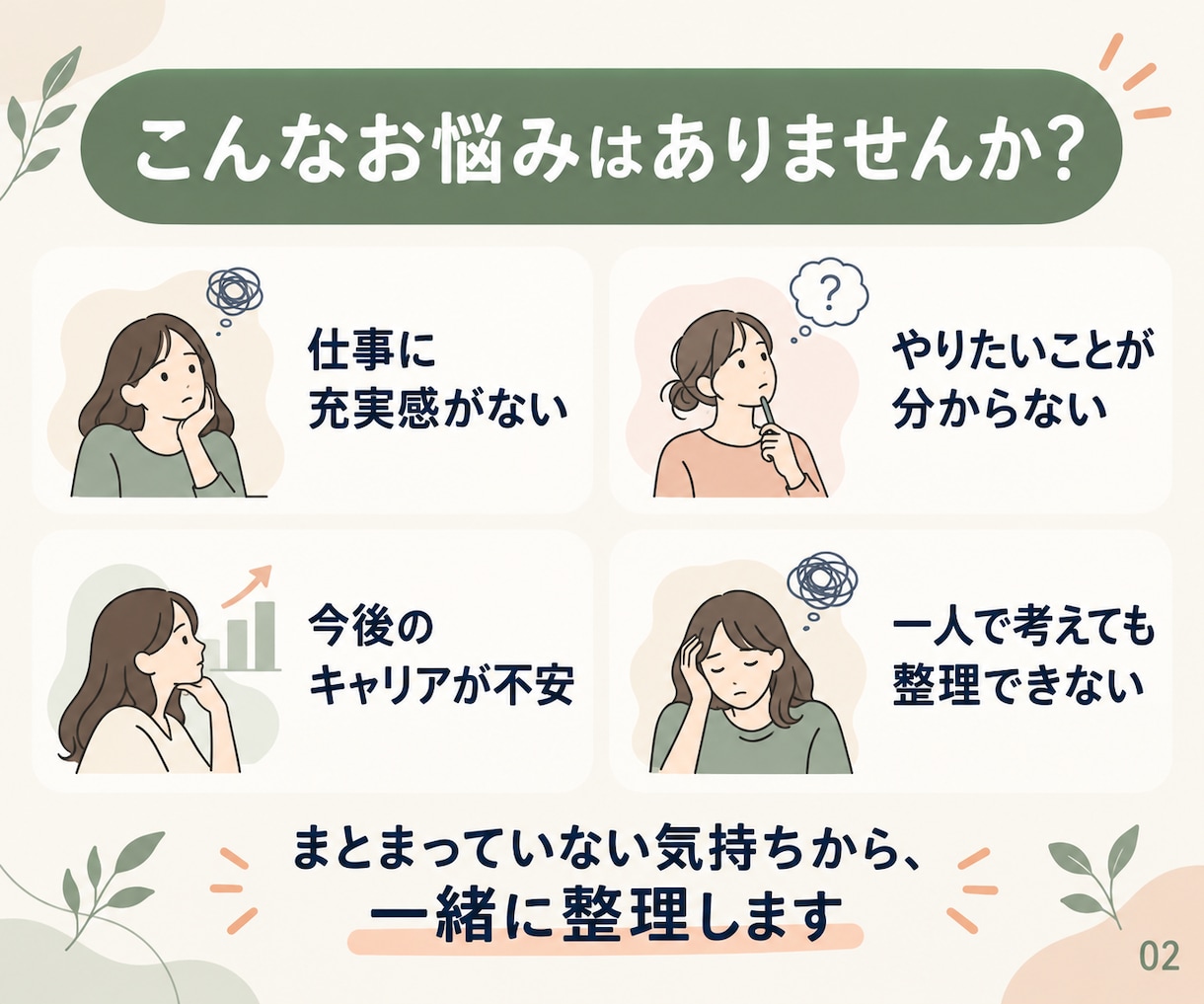 仕事・キャリアのモヤモヤを一緒に整理します やりたいことが分からないあなたへ。自分らしい次の一歩を イメージ2
