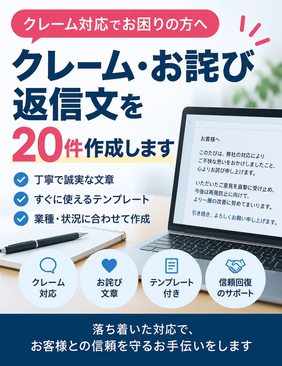 クレーム・お詫び返信文を20件作成します 困ったクレーム対応を丁寧な返信文で支えます イメージ1