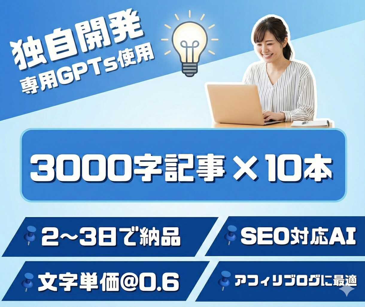 専用GPTsで3000字×10記事を量産します ブログを立ち上げたばかりで、とにかく記事数を増やしたい方へ。 イメージ1