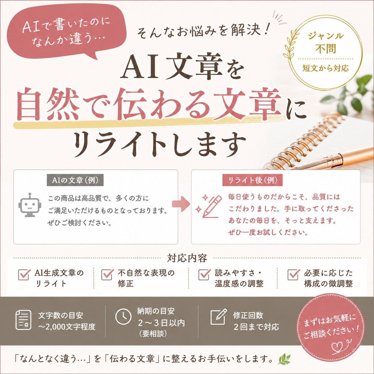 AI文章を自然な文章にリライトします AI文章の違和感で困っていませんか？自然に整えます。 イメージ1