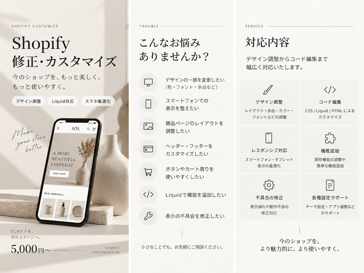 公式パートナーがShopifyカスタマイズをします Liquid・CSS対応｜小さな修正1箇所から丁寧に対応 イメージ2