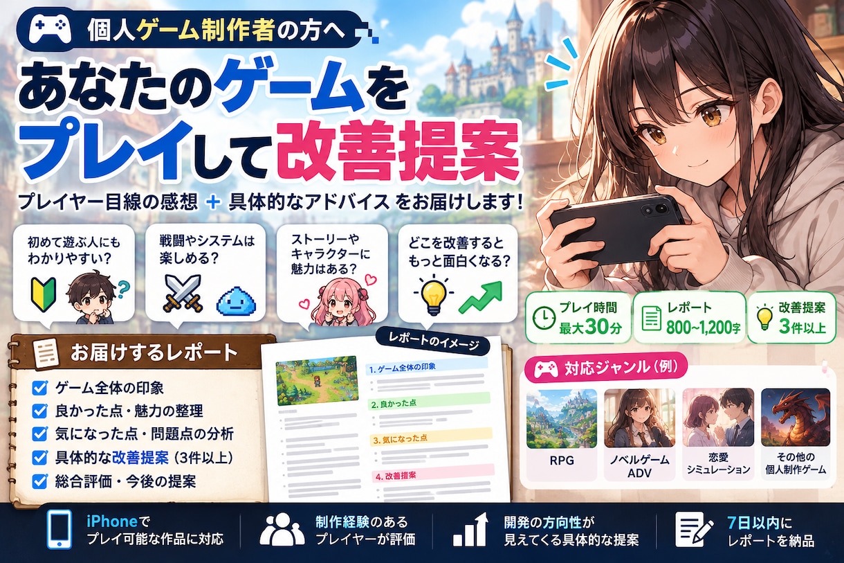 あなたのゲームをプレイし、改善点を提案します プレイヤー目線の感想＋具体的な改善案をお届け！ イメージ1