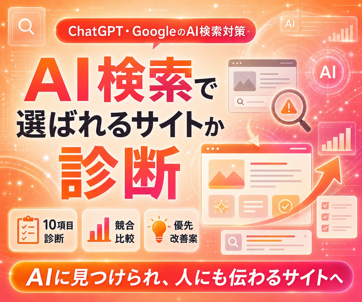 AIO・AI検索で選ばれるサイトか診断します AI検索においてサイトを分析・診断したデータをご送付 イメージ1