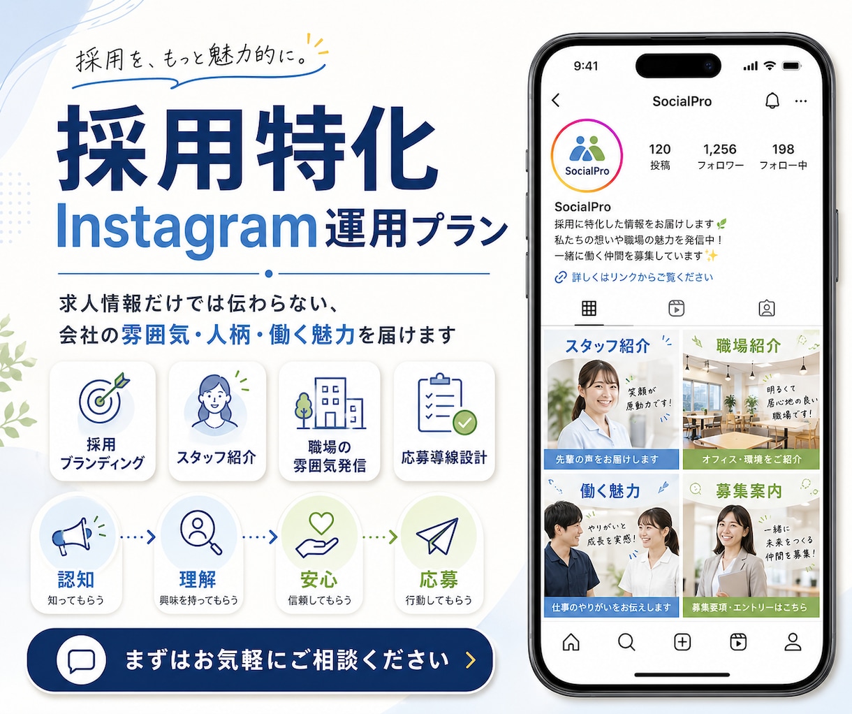 採用に特化 したInstagram運用をいたします 求人情報だけでは伝わらない会社の雰囲気・人柄・魅力を届けます イメージ1