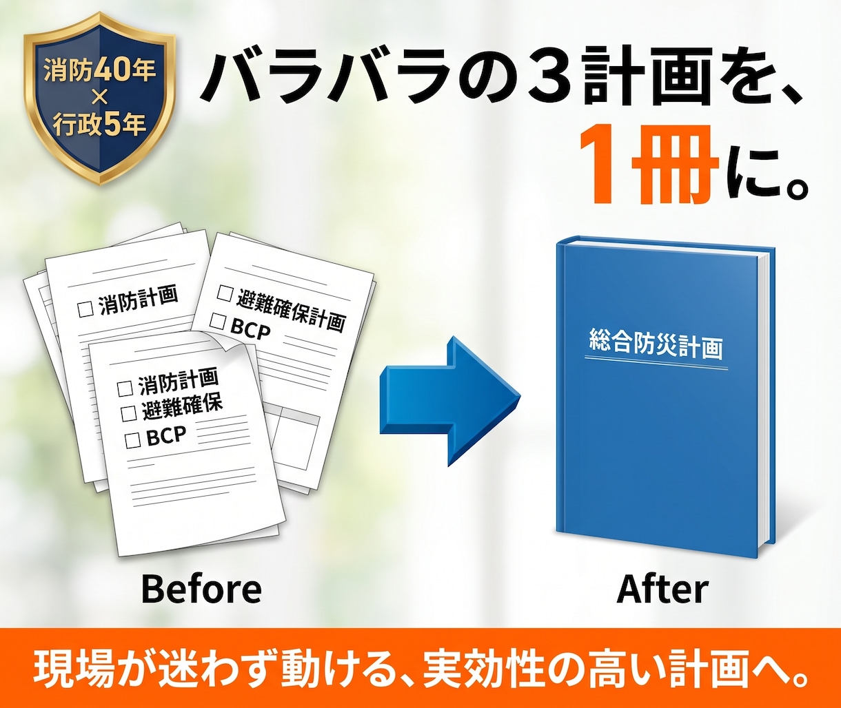 BCPを一本化！迷わず動ける「総合防災計画」ます 消防45年×行政5年。計画の乱立による現場の麻痺を解決！ イメージ1