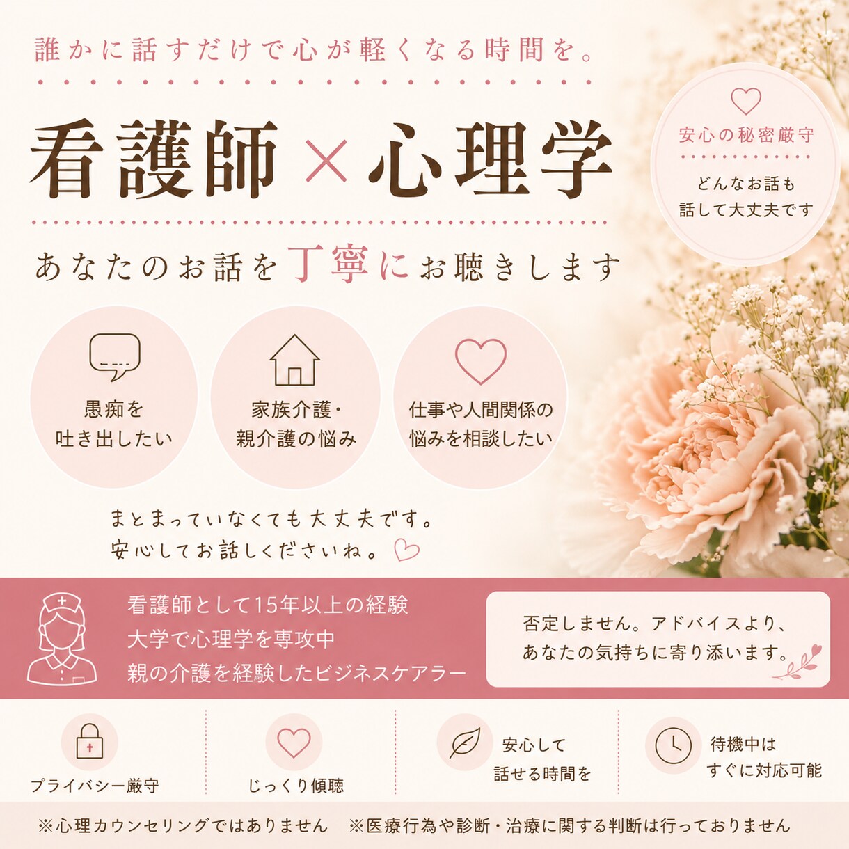 看護師があなたのお話を丁寧にお聴きします 否定せず寄り添いながらお話をお聴きします イメージ1