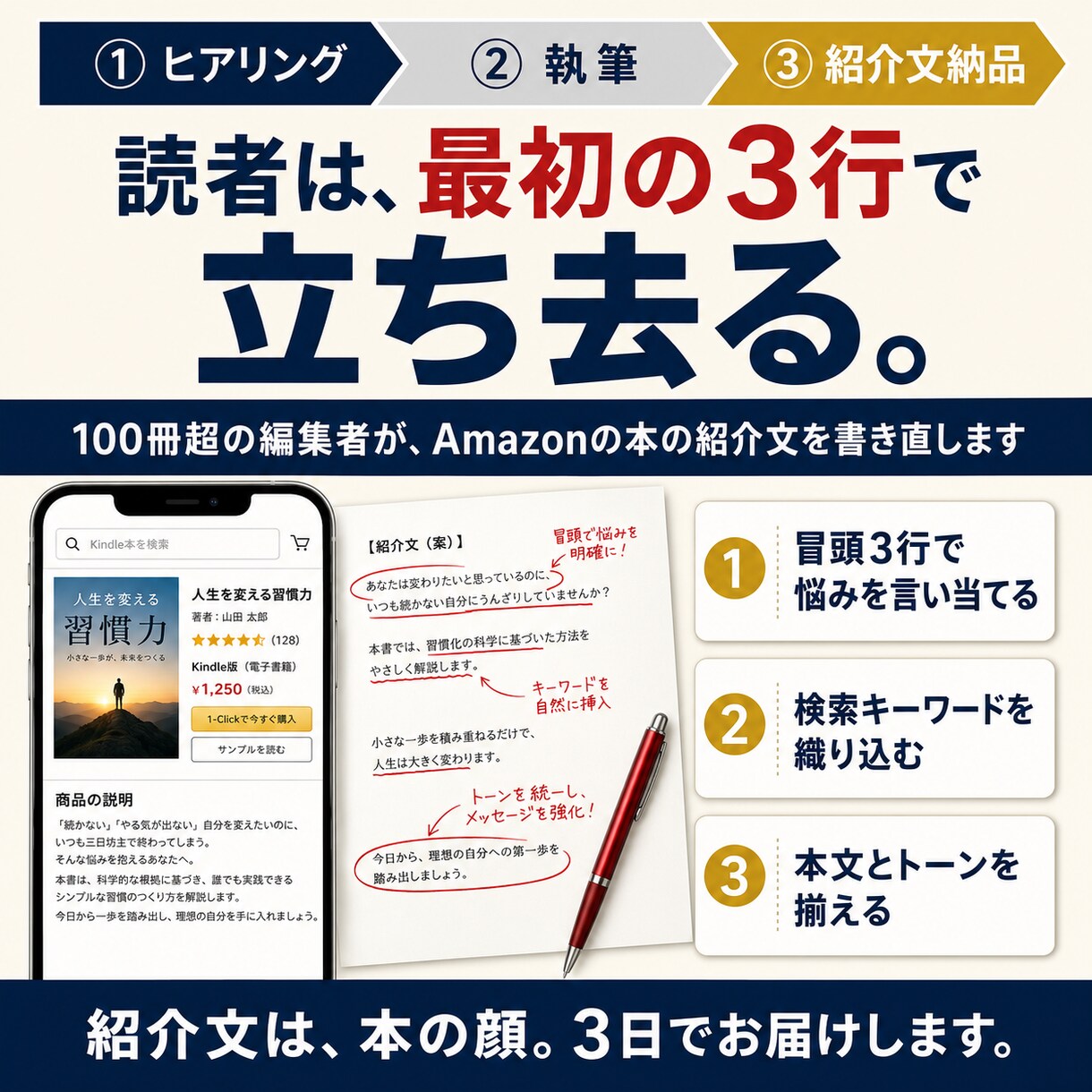 読者に届く、Amazonの本の紹介文を書きます 100冊超の編集者が、冒頭3行で読者をつかむ紹介文に イメージ1