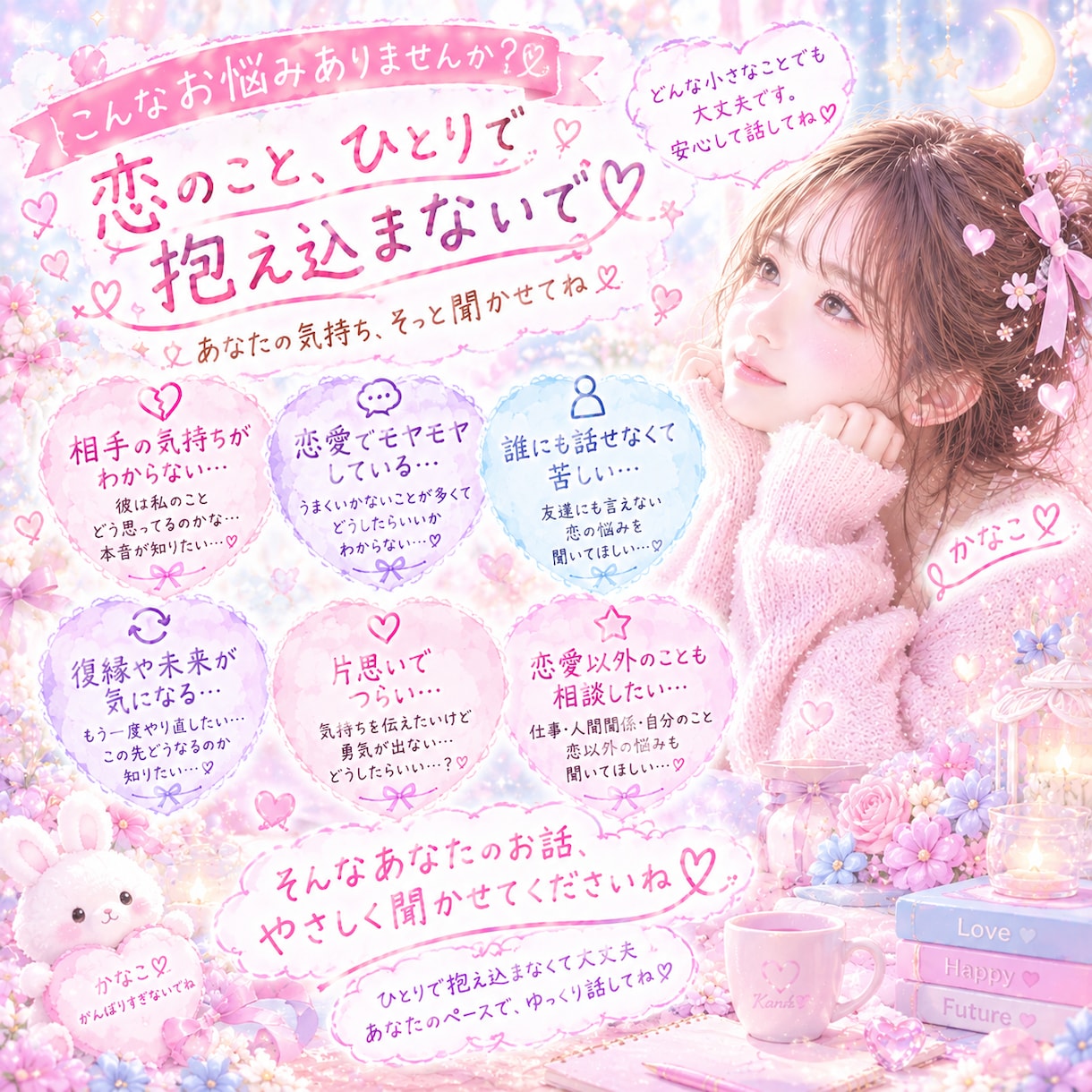 誰にも言えない恋のモヤモヤ、一緒に整理します 否定せず、あなたの気持ちをゆっくり受け止めます♡ イメージ4