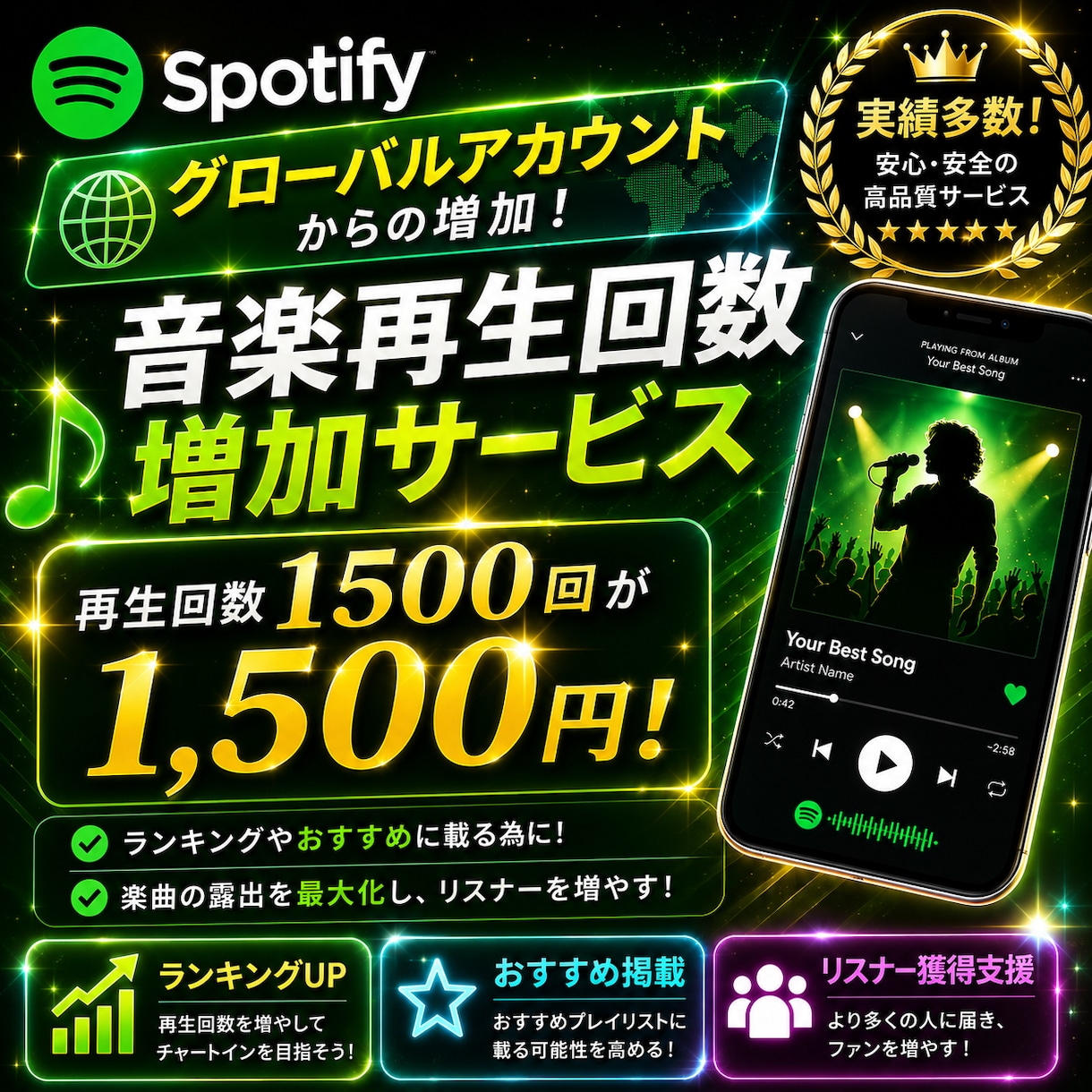 Spotify音楽再生回数1500回増やします 1500回＝1500円！おすすめ楽曲への掲載支援！ イメージ1