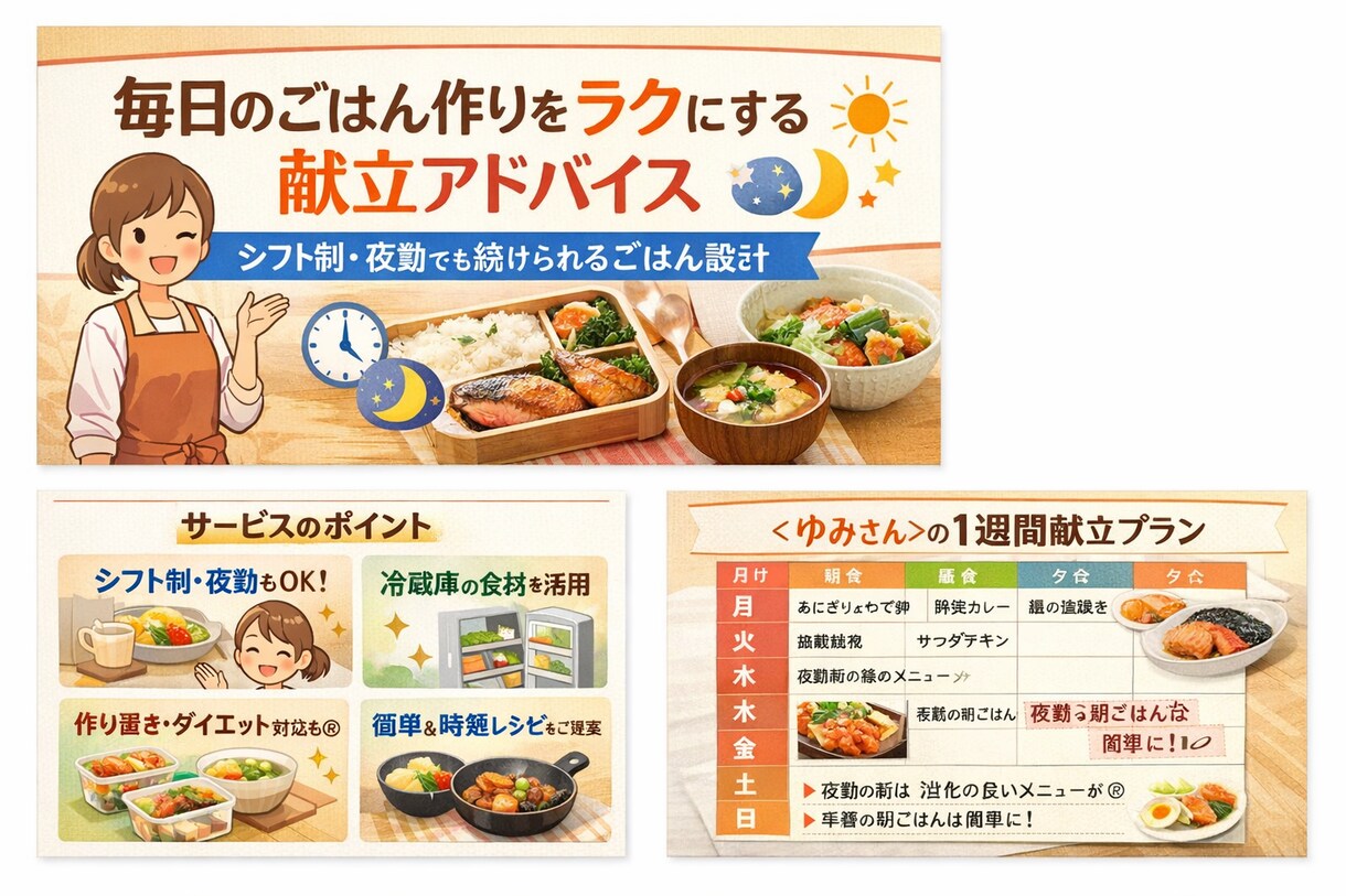 毎日のごはん作りをラクにする献立アドバイスします シフト制・夜勤でも続けられるごはん設計 イメージ1