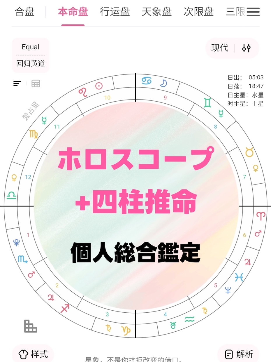 ホロスコープ+四柱推命  個人総合鑑定いたします ご自身の宿命と運気の流れを西洋と東洋の両面から分析いたします イメージ1