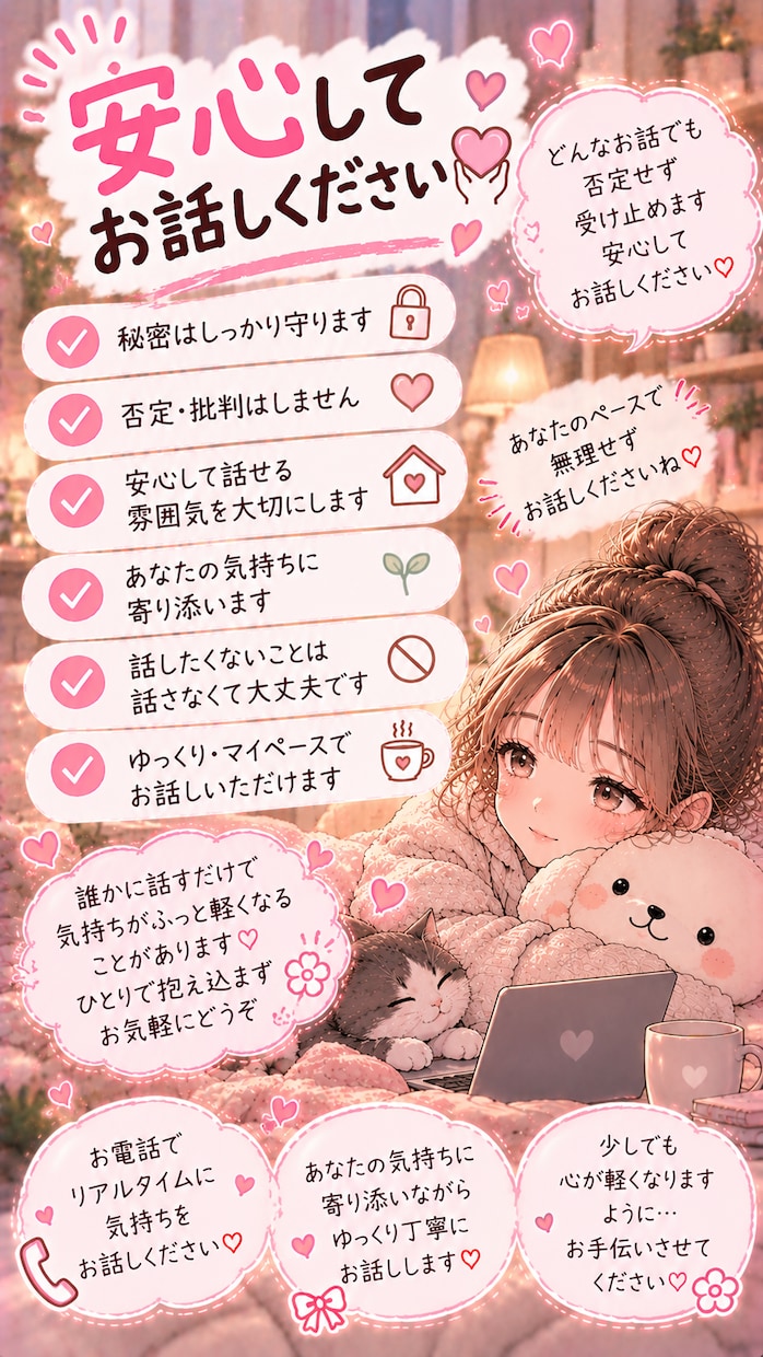 あなたのお話をゆっくりききます 誰かに聞いてほしいそんな時、あなたのお話相手になります イメージ9