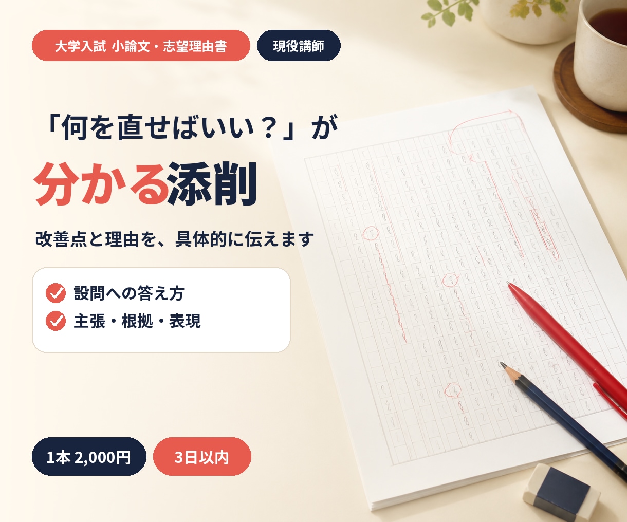 現役講師が大学入試の小論文・志望理由書を添削します 構成・論理・表現を見直し、自分の言葉で書けるよう指導します イメージ1