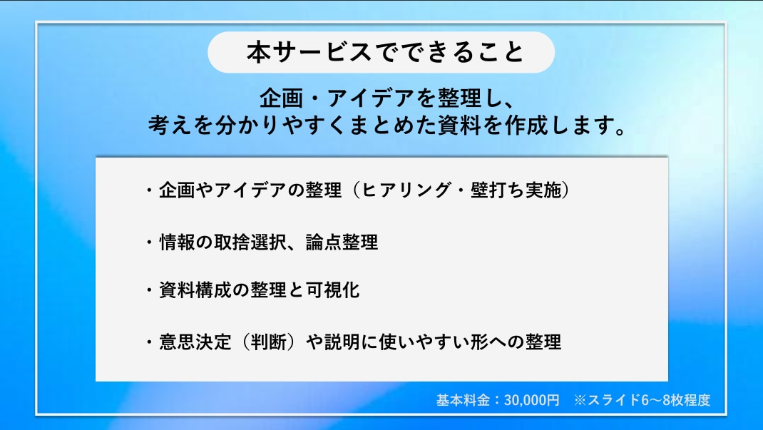 企画・アイデアを整理し、判断しやすい資料作成します 壁打ちを通し、整理し「何から決めるべきか」が分かる資料作成。 イメージ4