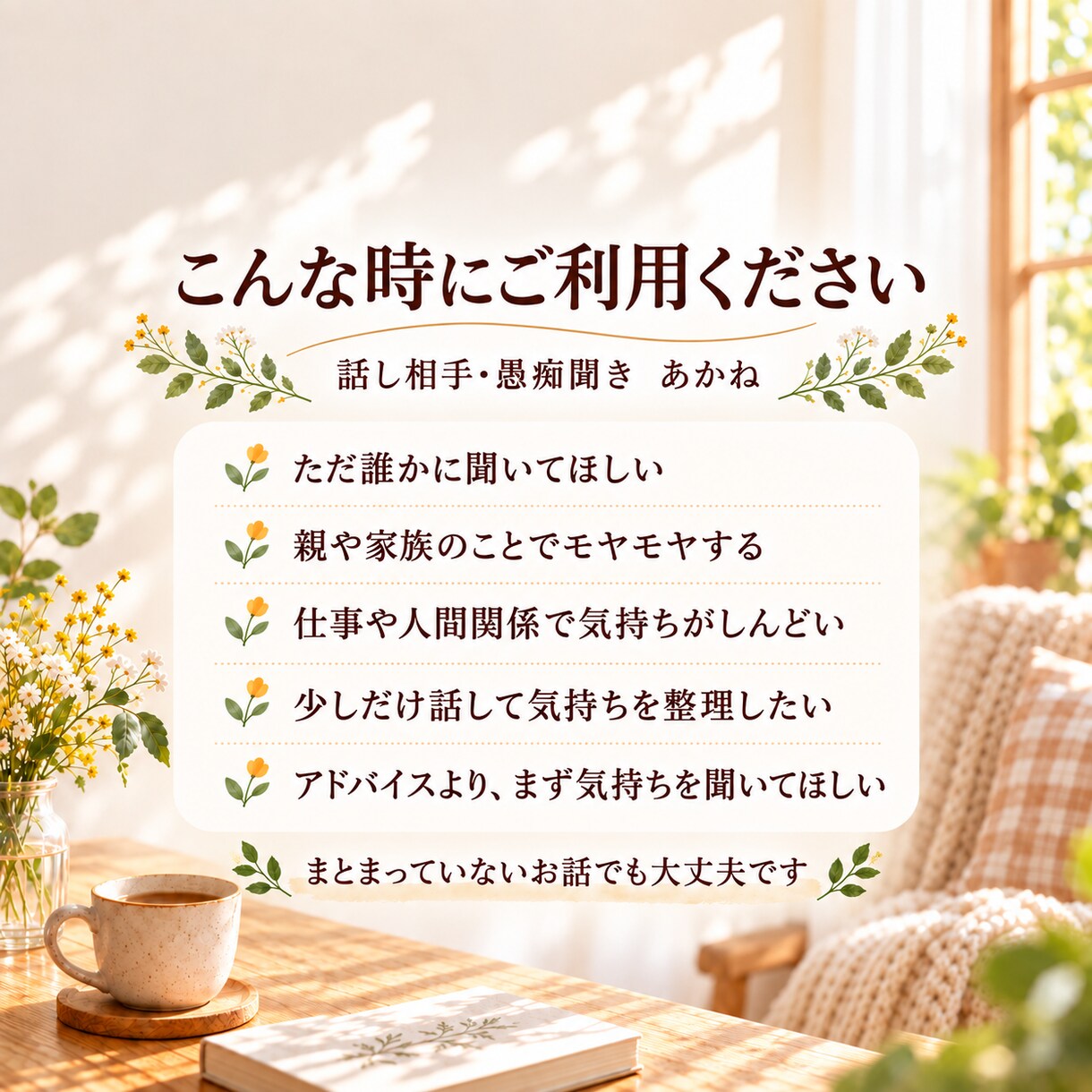 愚痴やモヤモヤをゆっくりお聞きします ひとりで抱え込まず、少し話してみませんか？ イメージ2
