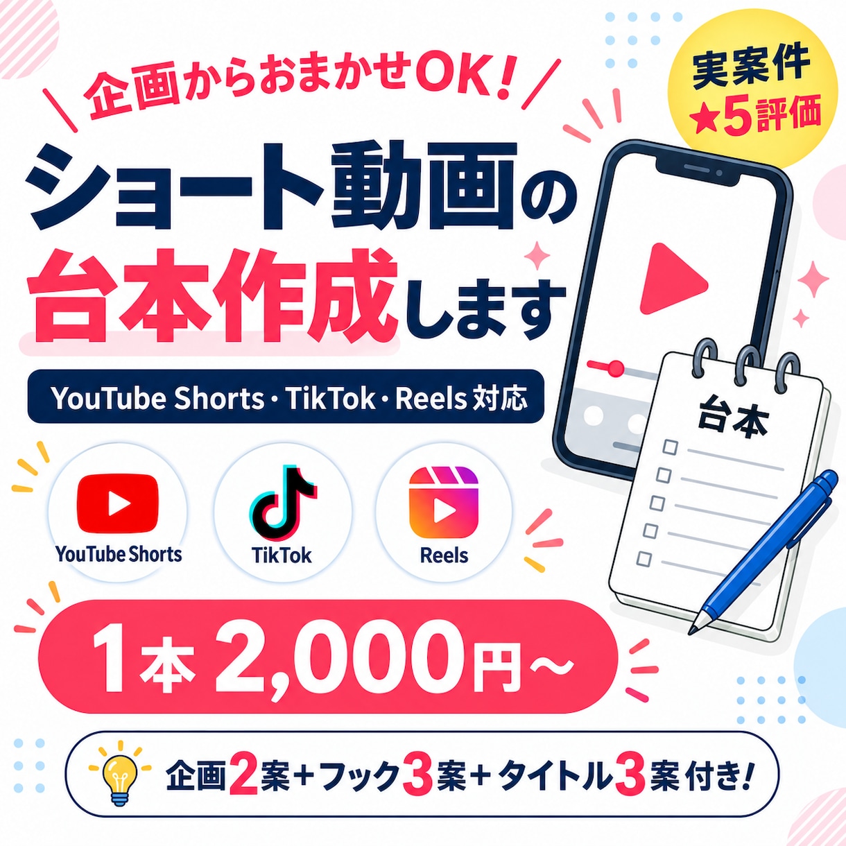 YouTube・TikTok向け台本を作成します 実案件★5評価｜企画2案＋フック3案付き イメージ1