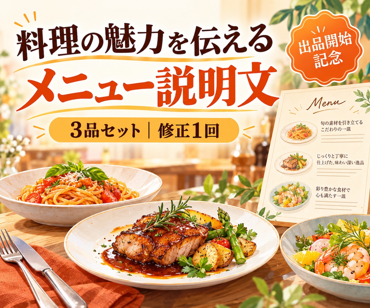 飲食店のメニュー説明文を3品作ります 先着3件のお試し価格｜料理の特徴を短く伝える イメージ1