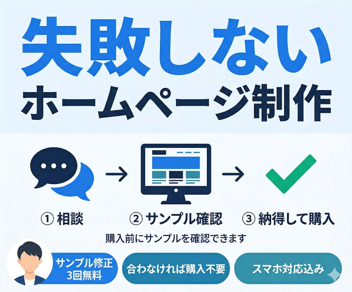 失敗しないHP制作｜購入前にイメージを確認できます 購入前にサンプルサイトをお作りします。納得してからご購入。 イメージ1