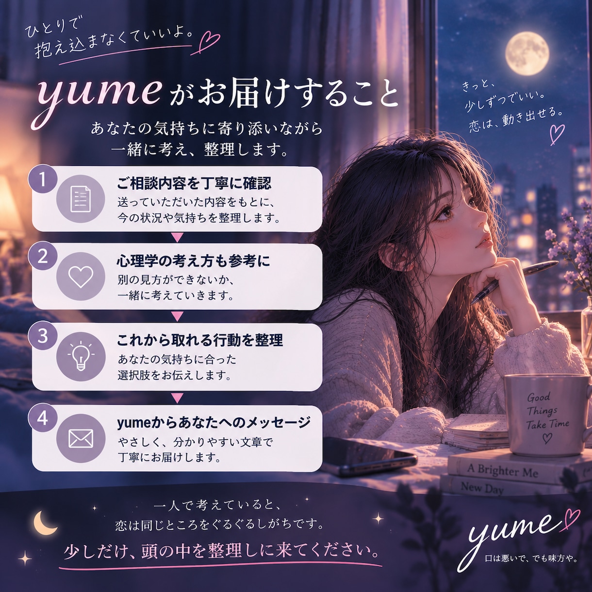 片思いで考えすぎる気持ちを一緒に整理します 返信が遅い、脈あり？送るべき？恋のモヤモヤを文章で整理 イメージ3