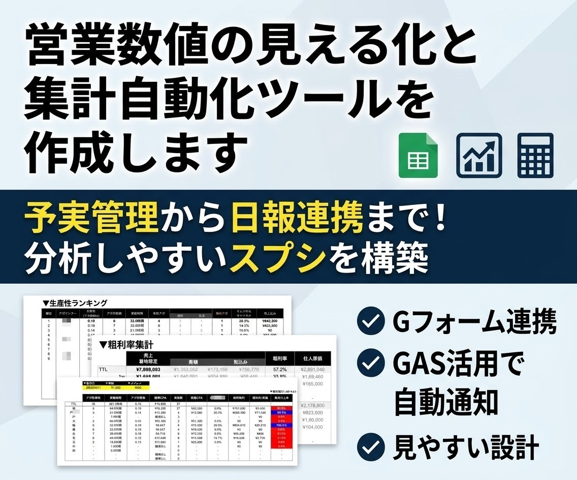 営業数値・勤怠・予実の集計自動化ツールを作成します Gフォーム・GAS連携で予実管理からシフト勤怠集計まで自動化 イメージ1