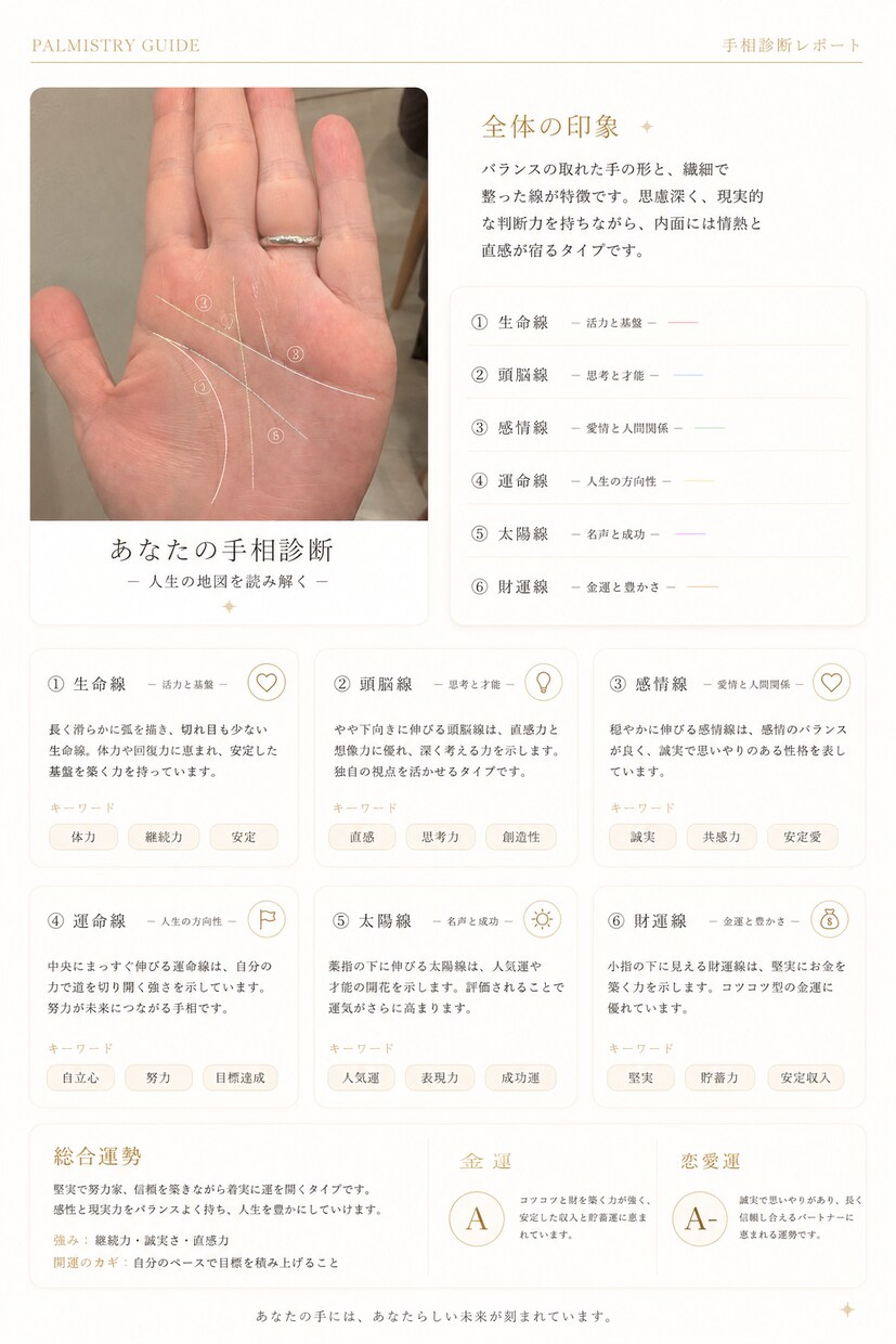 あなたの手相をレポートで診断します 恋愛・仕事・金運を、ミニマルで見やすい特別レポートに✨ イメージ3