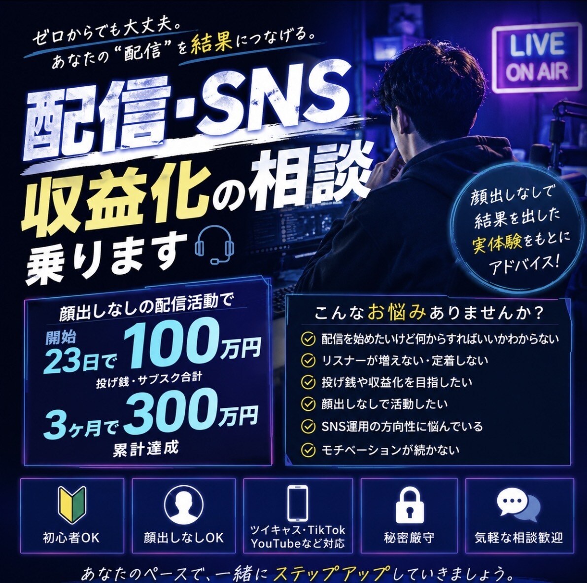 SNS運用や配信者様の相談にのります 0から収益化した経験を共有し配信初心者の悩みを解決します。 イメージ1
