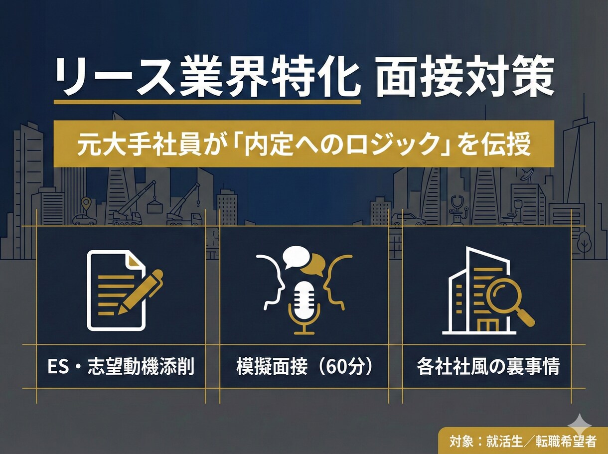 リース業界特化／模擬面接・キャリア相談に乗ります 刺さる志望動機を完全言語化。ES添削／面接対策／業界研究 イメージ1