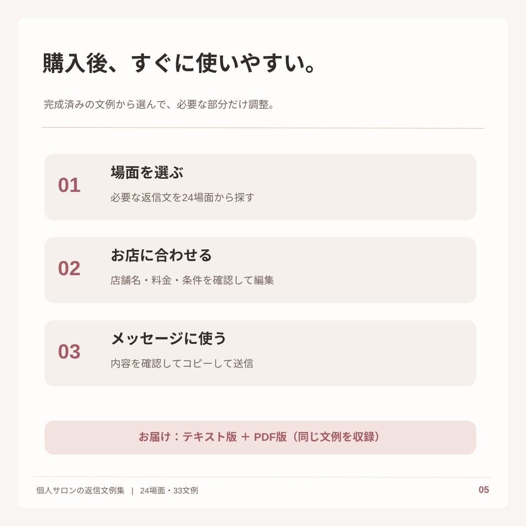 個人サロン向け返信文テンプレ24選をお届けします 断りたい。でも嫌われたくない。33文例を収録 イメージ5