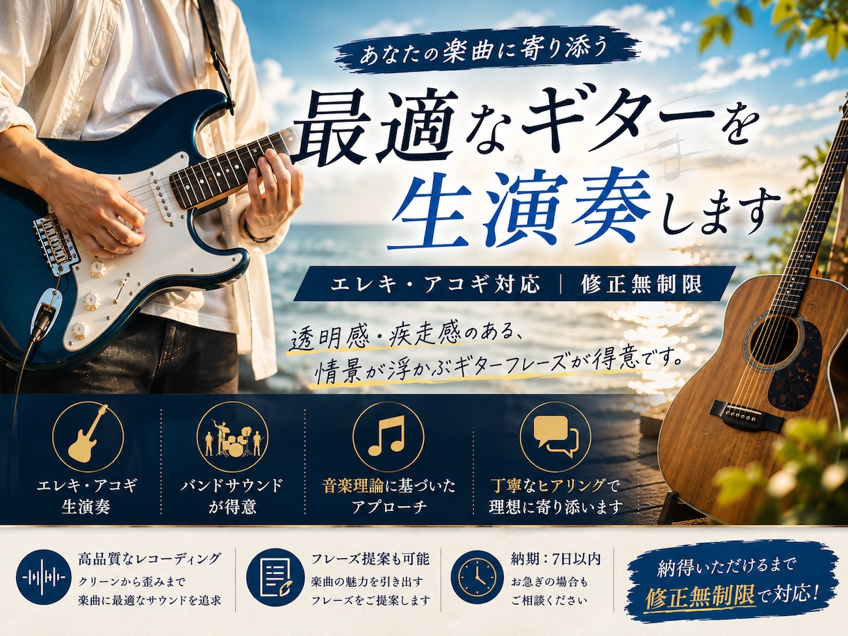 修正無制限！あなたの楽曲に最適なギターを演奏します 丁寧なヒアリングで、世界観に寄り添うギターをお届けします。 イメージ1