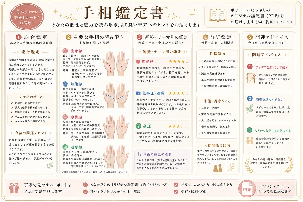 写真1枚であなたの手相をわかりやすく鑑定します 主要な手相を読み取り、強みや傾向をわかりやすくお伝えします。 イメージ4