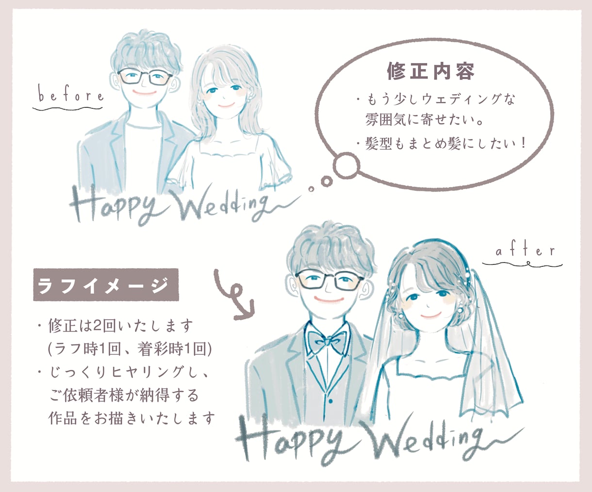 ウェディング、記念日、誕生日のイラストお描きします 特別な日にあなただけのオリジナルイラストいかかでしょうか♪ イメージ4
