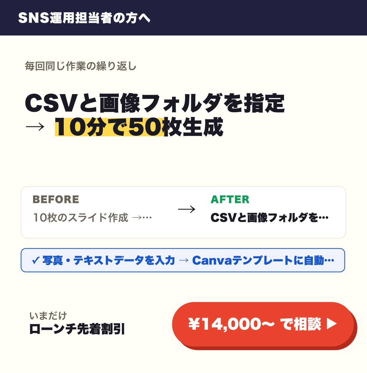 Canva 自動スライド生成を代行します CSVと画像フォルダを指定 → 10分で50枚生成 イメージ1