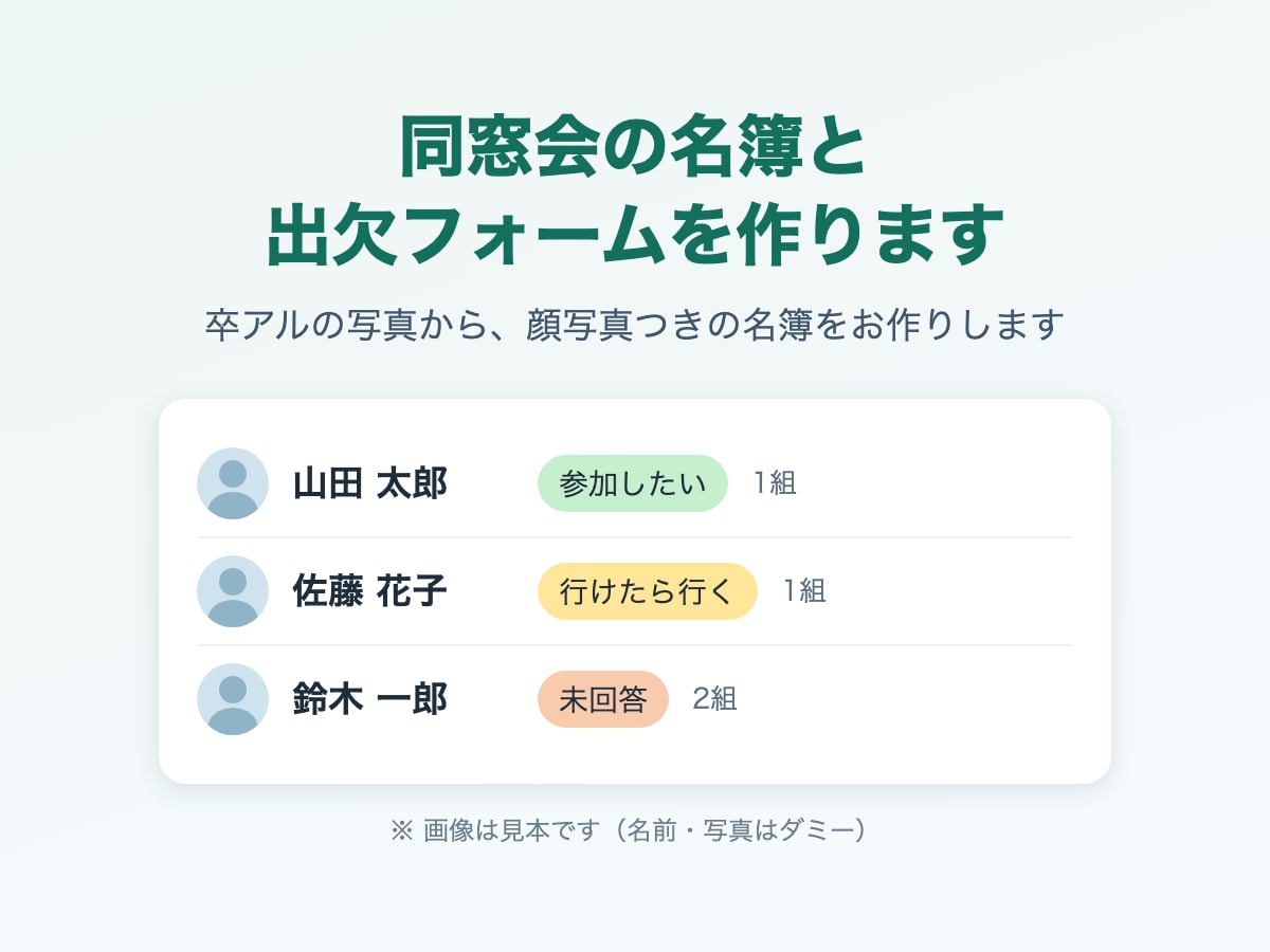 同窓会の名簿と出欠フォームを作ります 卒アルの写真から顔写真つき名簿をお作りします イメージ1