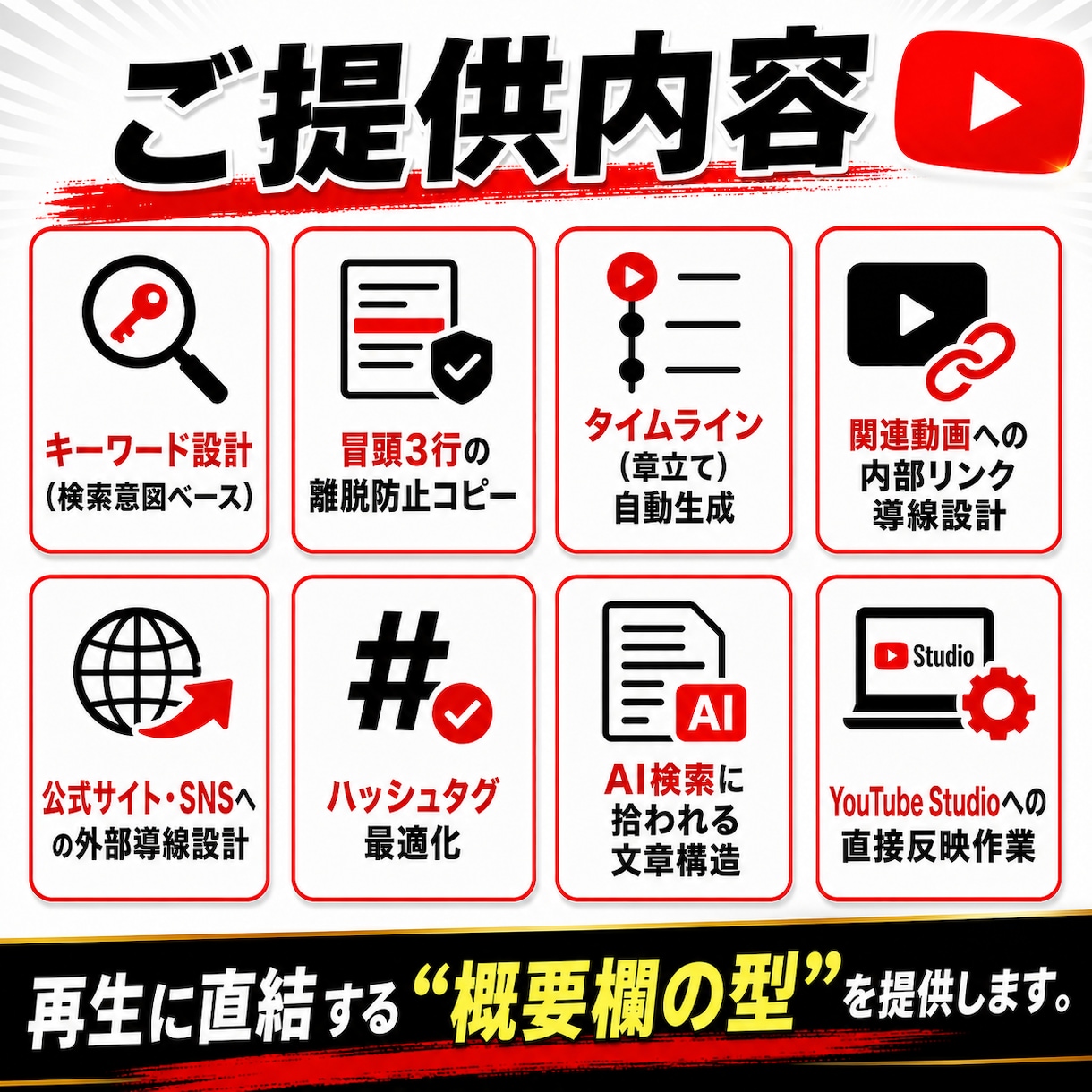 YouTube動画の外部・内部SEO対策します 外部流入と回遊を両取りする概要欄設計をし、概要欄を改善します イメージ5